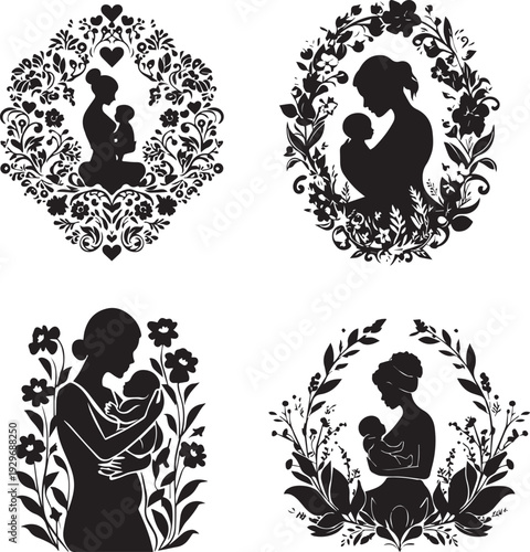 Mother And Baby Silhouette With Floral Decorative Frame Design isolated on white background 