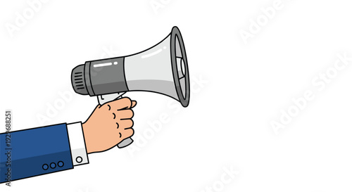 Illustration of a hand in a blue suit sleeve holding a grey and white megaphone to announce news and information.