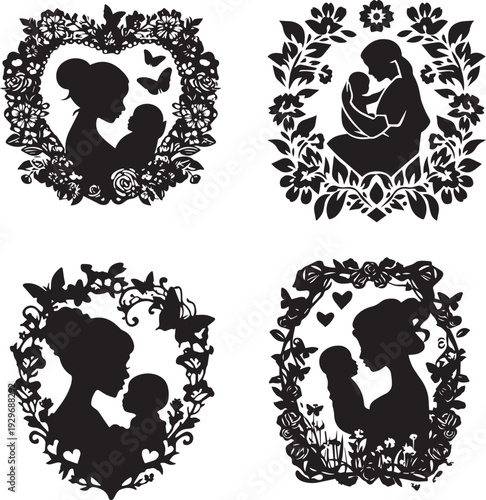 Mother And Baby Silhouette With Floral Decorative Frame Design isolated on white background 