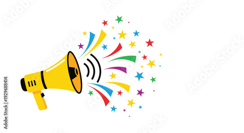 Yellow megaphone broadcasting a celebration of colorful stars and festive ribbons against a clean white background.