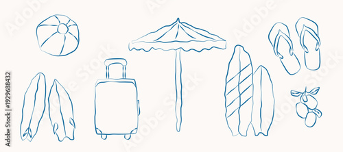 Hand drawn retro mediterranean summer illustrations,  Crayon drawing for menus and invitations