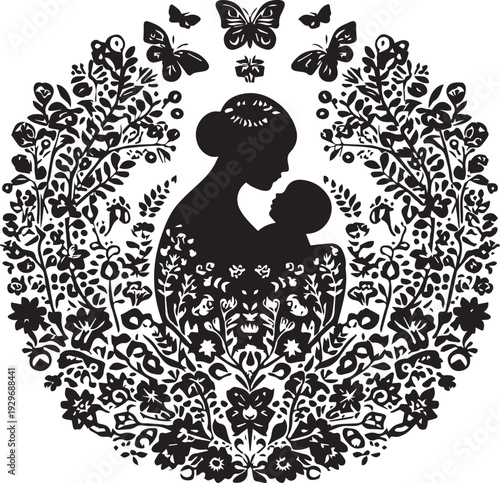 Mother And Baby Silhouette With Floral Decorative Frame Design isolated on white background 