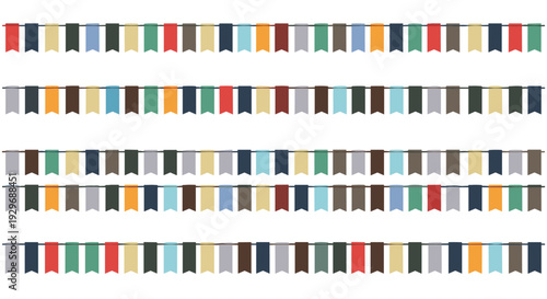 Multiple rows of colorful triangular bunting flags hanging on strings used for party decorations and festive celebrations.