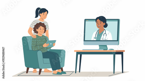 Telemedicine Consultation for an Elderly Woman with Her Caregiver Daughter Interacting with a Female Doctor Online via Video Call