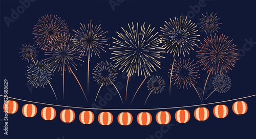 Vibrant fireworks exploding in the night sky over a string of traditional orange paper lanterns for a festive celebration.