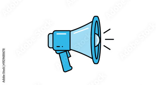 Simple blue megaphone icon with sound waves on a white background representing marketing announcements and communications.