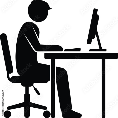 Black Silhouette Icon of a Businessman Working on a Computer at a Desk Representing Remote Work Freelancing and Office Productivity