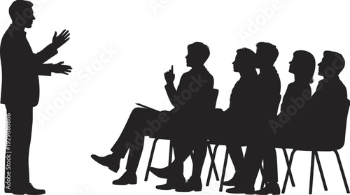 Silhouette of Professional Male Speaker Giving Presentation to Attentive Audience Members Seated in Chairs During Business Seminar or Corporate Training Workshop