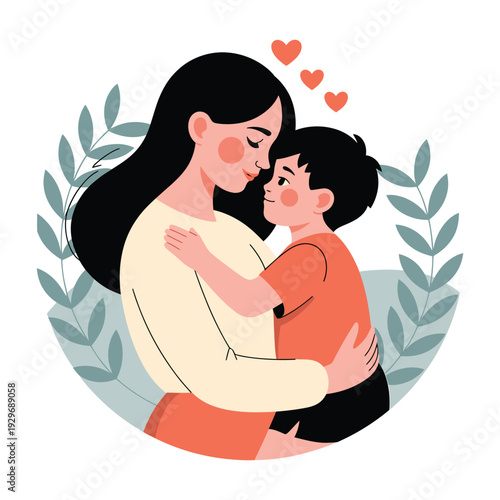 A loving mother gently hugs her small son with warm affection, surrounded by green leaves and hearts