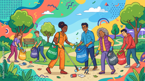 Diverse Group of Volunteers Picking Up Litter and Recycling in Park, Promoting Environmental Protection and Community Service in Vibrant Cartoon Illustration, Vector Art