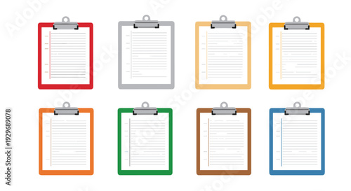 Set of eight colorful clipboards with white paper sheets used for organizing notes checklists and office administration tasks.