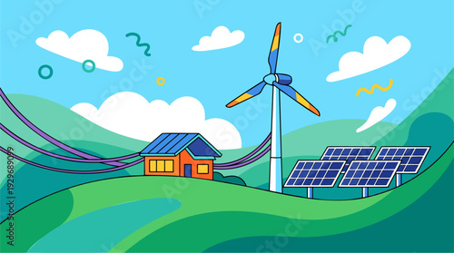 Sustainable home with wind turbine and solar panels generating clean power in a vibrant green landscape, promoting environmental protection with a flat design vector illustration.