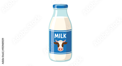 Traditional glass milk bottle with a blue cap and a label featuring a cow head illustration for dairy product branding.
