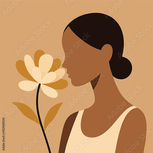 Minimalist portrait of woman smelling flower flat vector illustration aesthetic feminine profile beauty wellness self care nature connection soft earth tones art