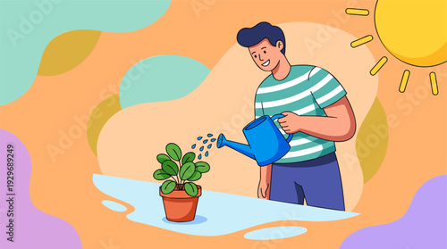 Smiling Man Watering Potted Plant with Can, Earth Day Gardening and Environmental Care, Flat Cartoon Vector Illustration with Bright Colors on Organic Shapes Background