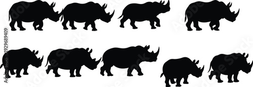 Powerful rhino silhouettes collection, wild rhinoceros vector icons set, walking and standing African wildlife shapes on a white backgroun