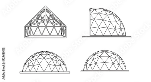 Geodesic dome blueprint set with triangular steel frame outlines, greenhouse pavilion architecture line icons isolated