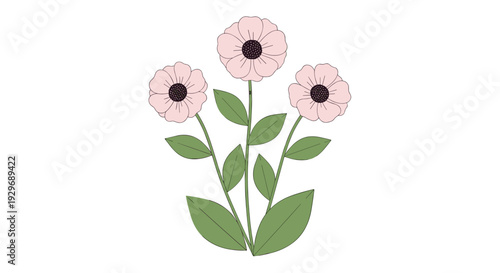 Three pink poppy flowers with green stems and leaves arranged in a simple bouquet for nature and gardening illustrations.
