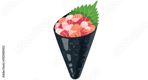 Japanese temaki sushi hand roll filled with fresh salmon and tuna cubes wrapped in crispy nori seaweed with a shiso leaf.