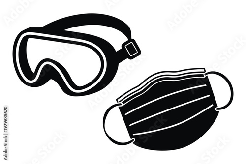PPE protective gear eye protection Black protective goggles and black multilayered face mask on white background