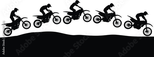 Silhouette, of, motocross, riders, jumping, on, dirt, bikes, over, hills, isolated, on, white, background, vector, illustration, for, extreme, sports, action.