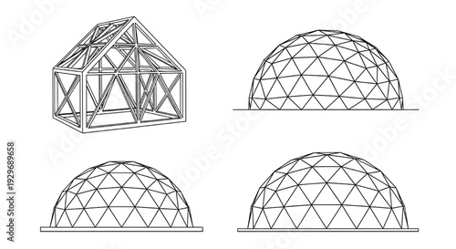 Greenhouse and geodesic dome wireframe set with architectural line art, triangulated frames and structural construction outlines