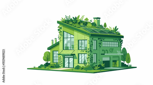 Green Eco Friendly Modern House with Solar Panels and Lush Vegetation