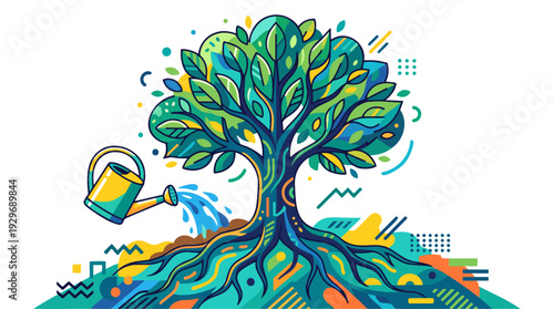Vibrant Tree of Life being watered, Abstract Geometric Background, Organic Growth Symbol, Modern Flat Illustration Style