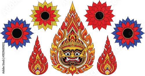 Traditional Thai art vector illustration, flame motif deity face, floral circular patterns, cultural symmetry design, vibrant colors, ceremonial decorative style