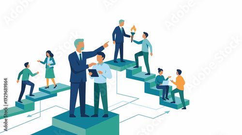 Business People Climbing Steps and Passing Torch for Leadership and Growth