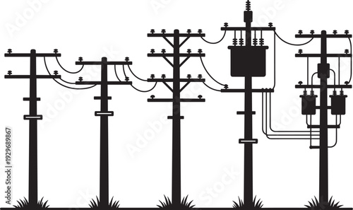 Renewable energy silhouette set featuring wind turbines, solar panels, high voltage transmission towers, and electrical utility poles for sustainable power grid infrastructure development,