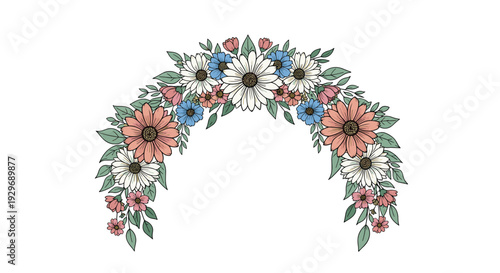 Semi-circular floral arch features a mix of white, pink, and blue daisy flowers with green leaves for decorative use.