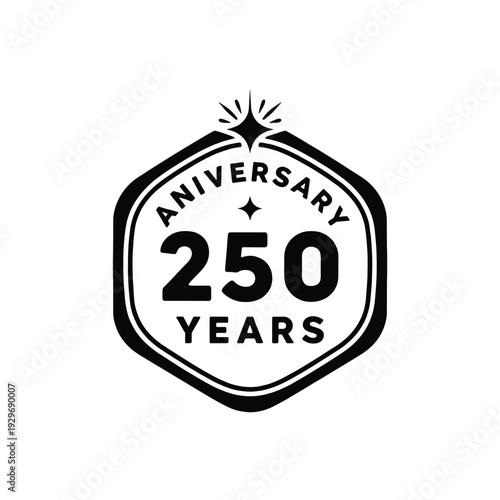 250 years anniversary emblem, hexagon shape, starburst sparkle, celebration, milestone, event, logo, inscription, number, symbol