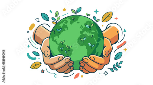 Two hands gently cradle a growing Earth with sprouts, symbolizing environmental care, conservation, and eco-friendly growth in a vibrant, flat vector illustration.
