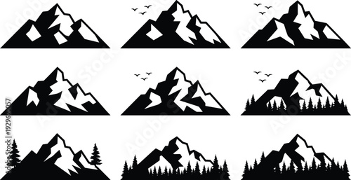 Mountain silhouette collection with forest and birds, black nature landscape vector set for outdoor adventure, travel and wilderness design