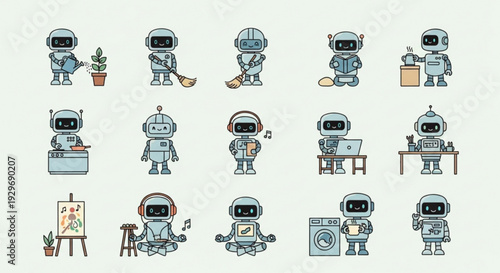 Robots engaging in various household chores and leisure activities with colorful illustrations
