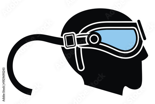 PPE protective gear eye protection Black silhouette of a head wearing blue lens protective goggles profile view