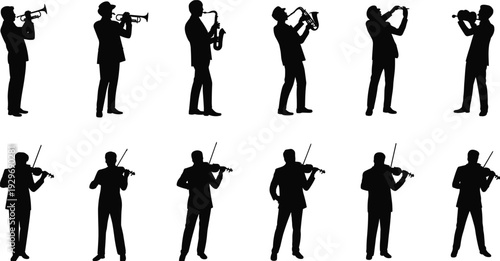 Musician silhouettes playing trumpet, saxophone and violin showcasing live jazz and classical music performance isolated on white background