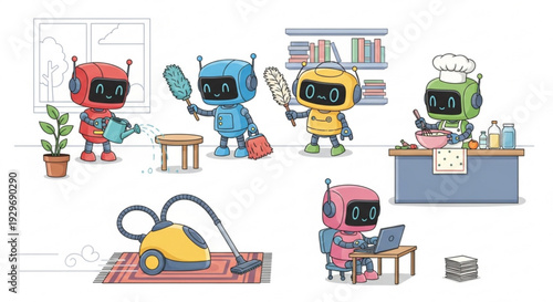Colorful robots performing household chores and working on computer in various scenes