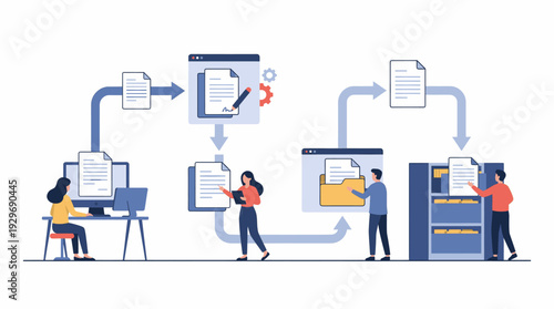 Business Process Flowchart Illustrating Document Workflow from Creation to Storage with People Interacting
