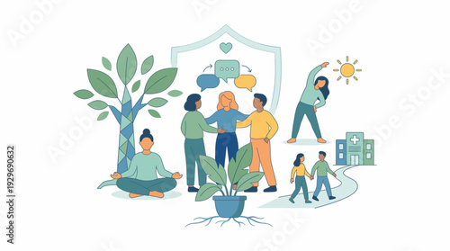 Diverse People Engaged in Healthy Activities and Support Under a Protective Shield