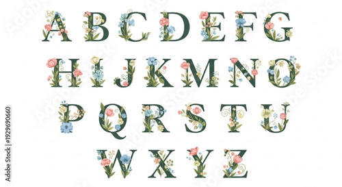 Floral alphabet letters with colorful flowers and green leaves on white background for decoration and design