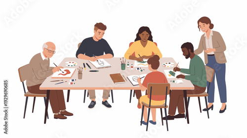 Diverse Group of People Painting and Drawing Together at a Table