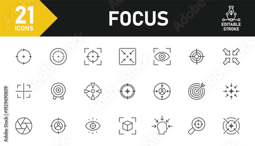Focus line icon set. Set of 21 outline icons related to focus, target, accuracy, shutter, aim, goals and others. Editable stroke. Vector illustration.