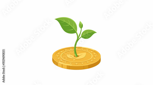 Growth of a Green Plant Seedling Emerging from a Golden Coin Symbolizing Investment and Financial Prosperity