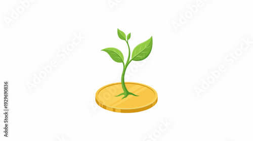 Investment Growth Conceptual Illustration Featuring a Vibrant Green Plant Emerging from a Shiny Golden Coin