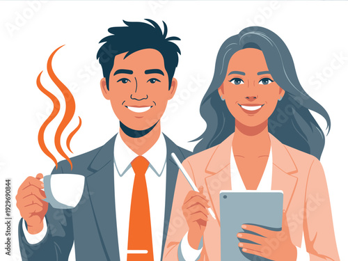 Business professionals, man and woman, smiling, holding coffee cup and tablet, office setting
