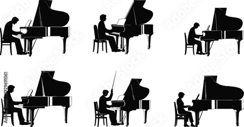 Pianist silhouettes playing grand piano in various poses showcasing classical music performance and concert practice isolated on white background