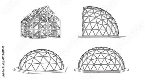 Buildings architectural wireframe set with timber frame house and geodesic dome structures in black outline on white