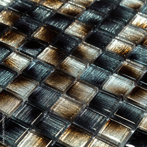 Diagonal Glass Mosaic Tile in Black, Silver, and Gold
